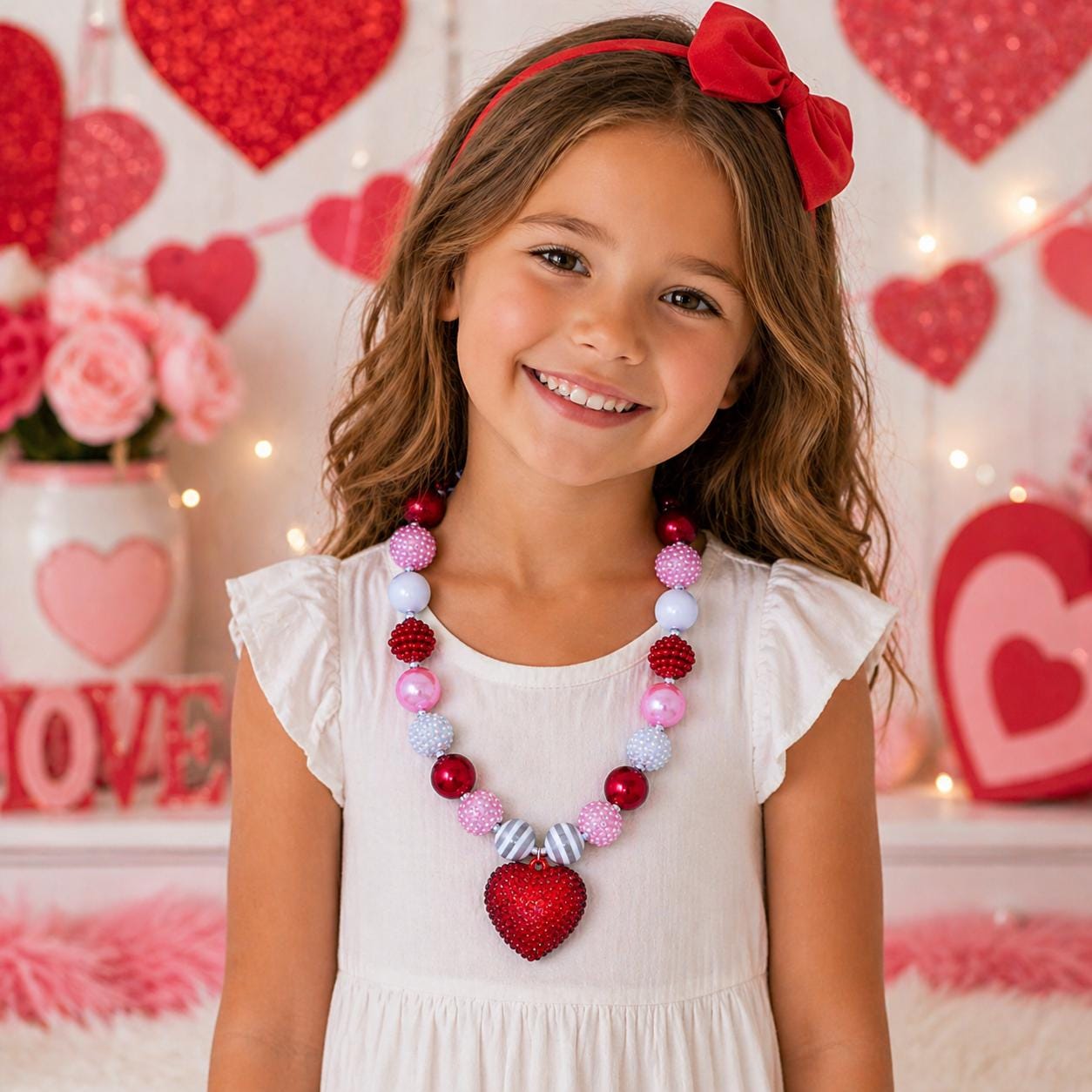 Valentine Bubblegum Necklace for Girls, Heart Pendant Chunky Bead Necklace, Kids Valentines Jewelry, Toddler Necklace Gift, Red Pink Beads