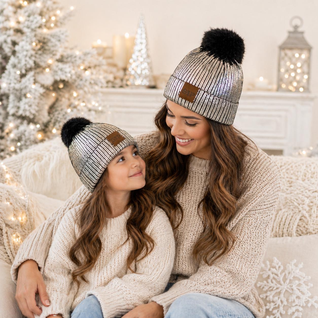 Mommy & Me Silver Sparkle Beanie Set – Matching Mom and Baby Hat – Metallic Knit Winter Hats