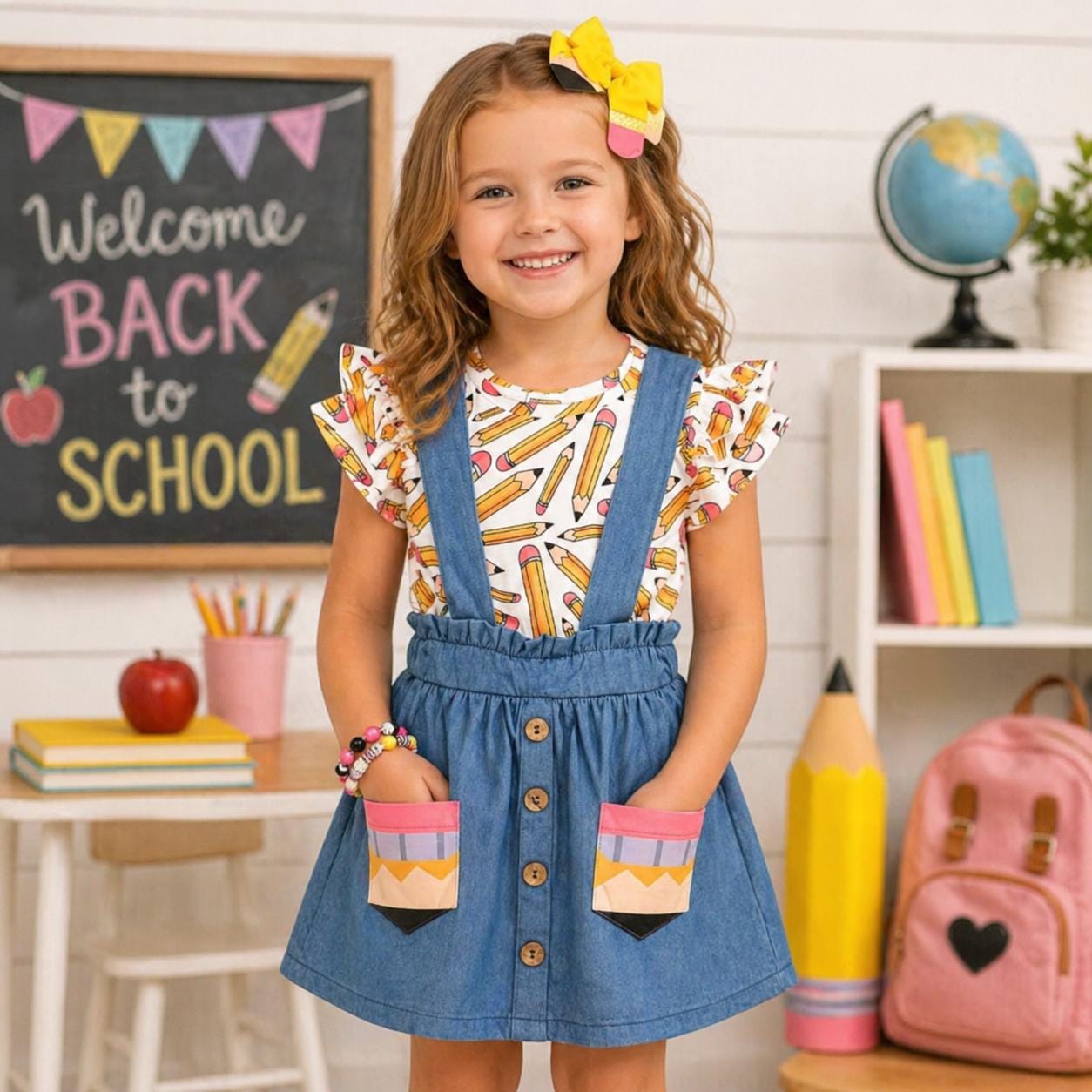 Girls White Chambray Suspender Skirt Set – Toddler & Youth Sizes – Back to School Outfit, First Day of School Look