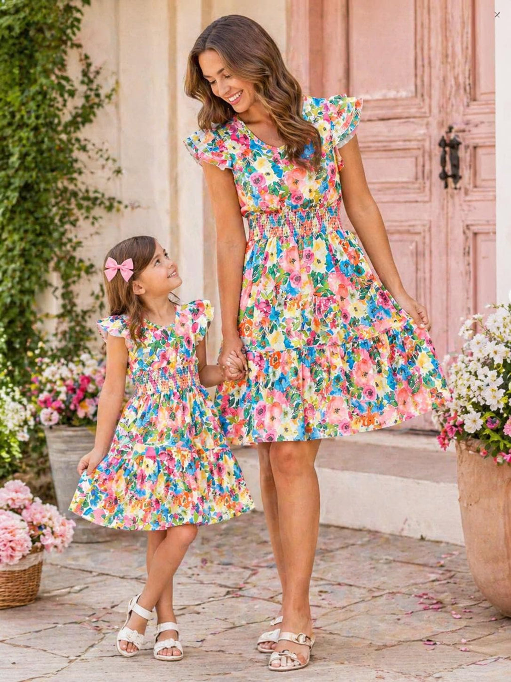 Mom & Me Matching Floral Watercolor Dresses – Mommy and Me Outfit, Spring Family Photos, Bright Floral Dress
