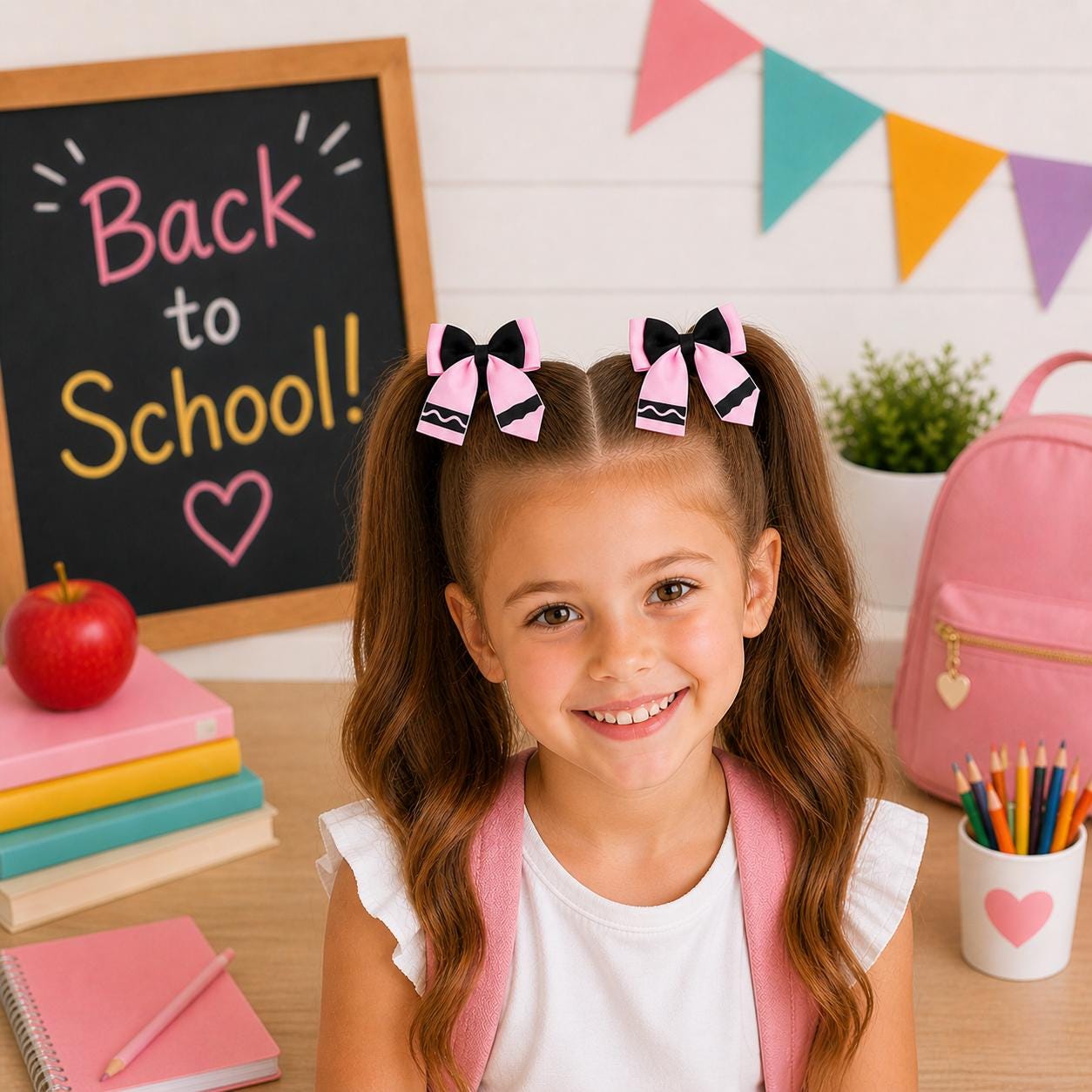 Crayon Hair Bows for Girls | Back to School Bows | Colorful Boutique Ribbon Bows | Toddler & Kids Hair Accessories | Teacher Gift