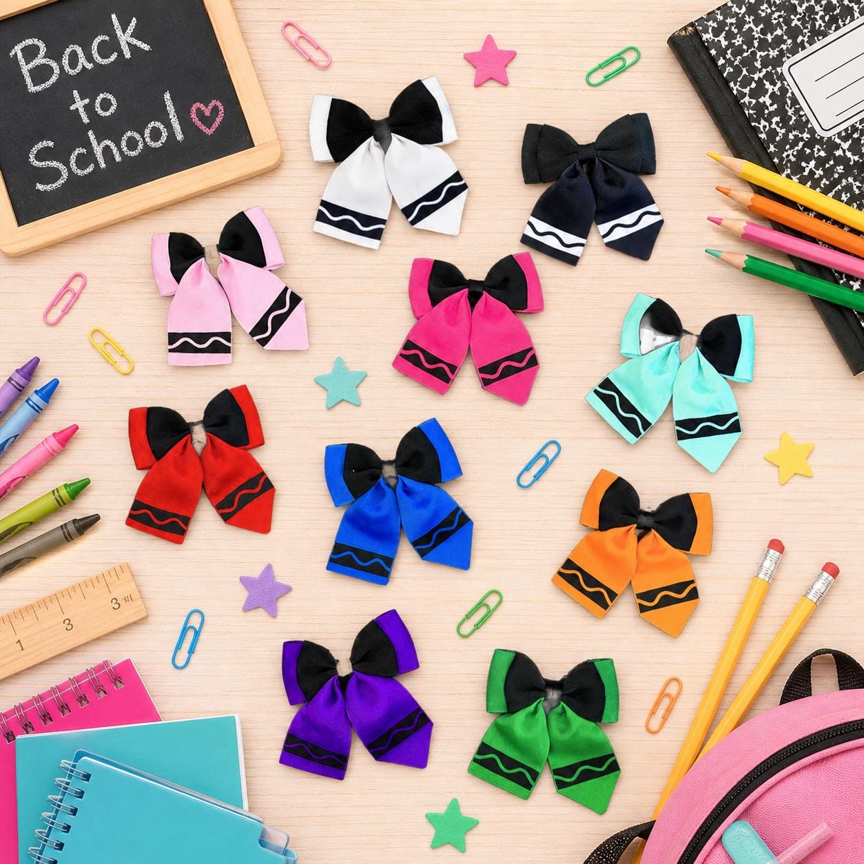 Crayon Hair Bows for Girls | Back to School Bows | Colorful Boutique Ribbon Bows | Toddler & Kids Hair Accessories | Teacher Gift