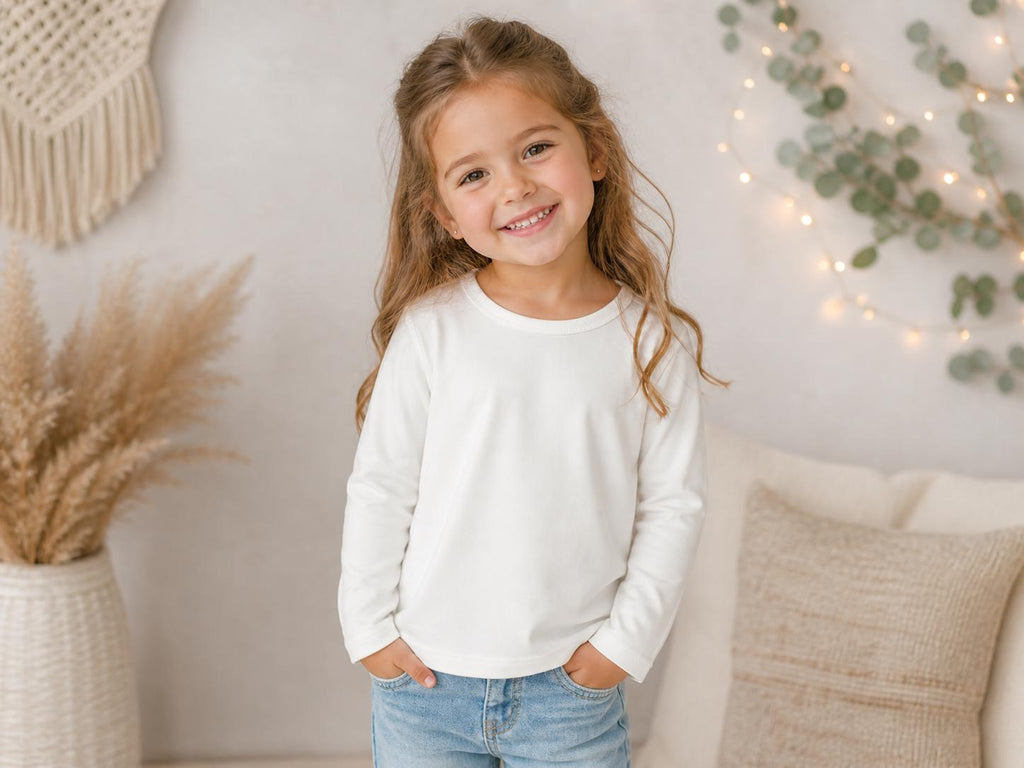 Restocked Girls White Long Sleeve Shirt, Toddler Basic Tee, Kids Cotton Top, Boutique Minimalist Shirt, Layering Tee, Fall Winter Outfit
