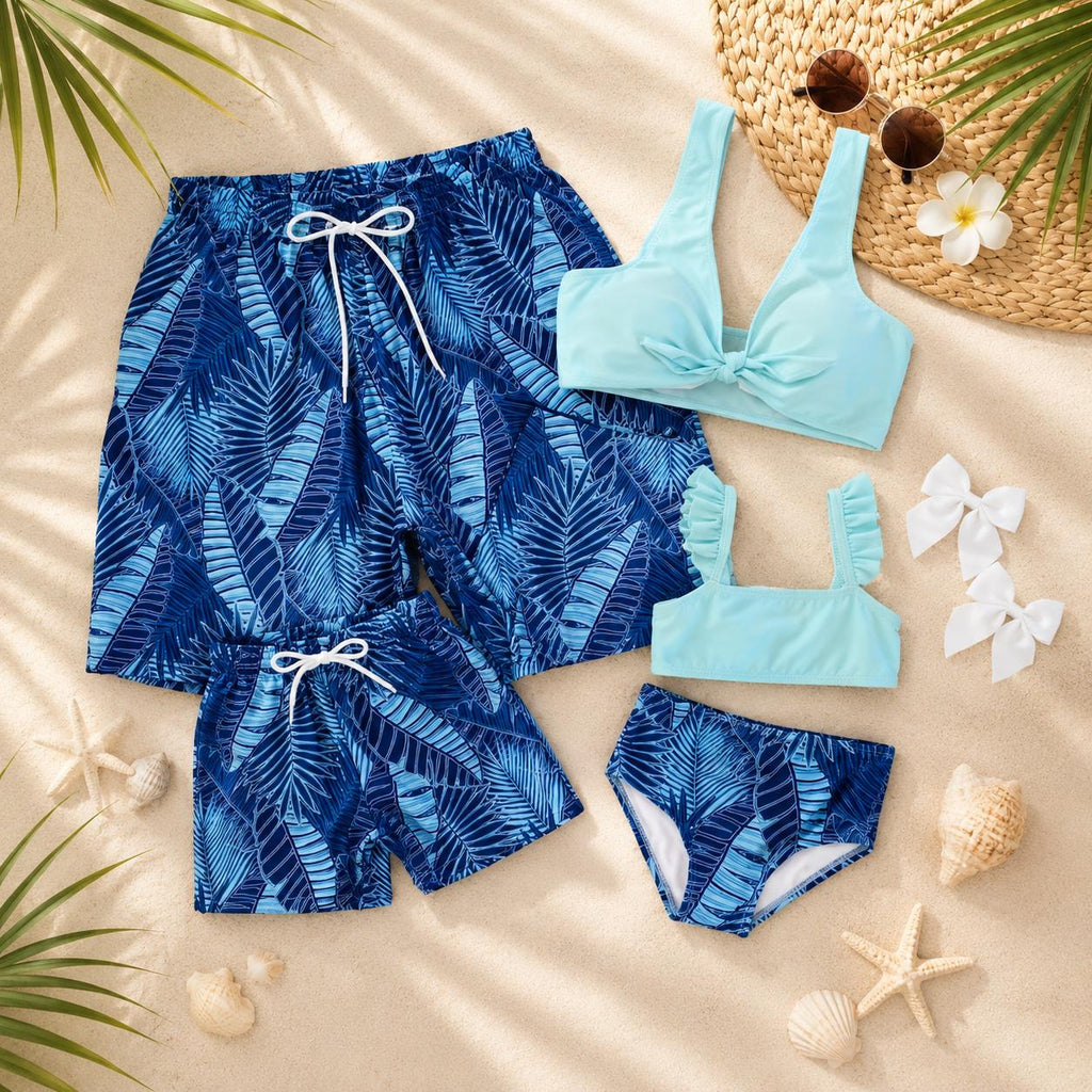 Blue Tropical Family Matching Swimsuits | Hawaiian Beach Swimwear Set