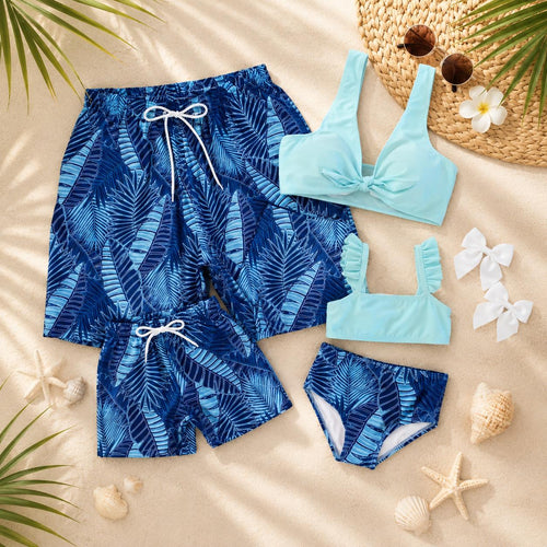 Blue Tropical Family Matching Swimsuits | Hawaiian Beach Swimwear Set