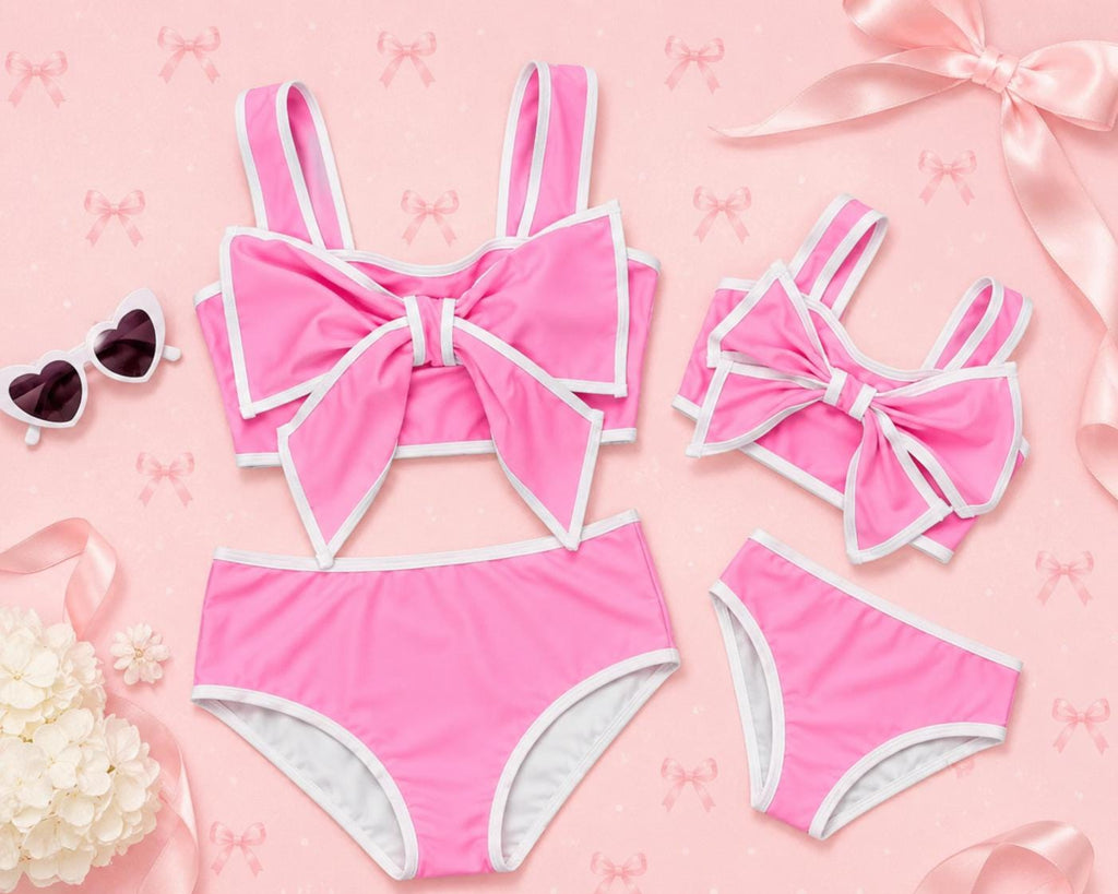 Mom & Me Pink and White Bow Bikini Set | Matching Mommy and Me Swimsuits