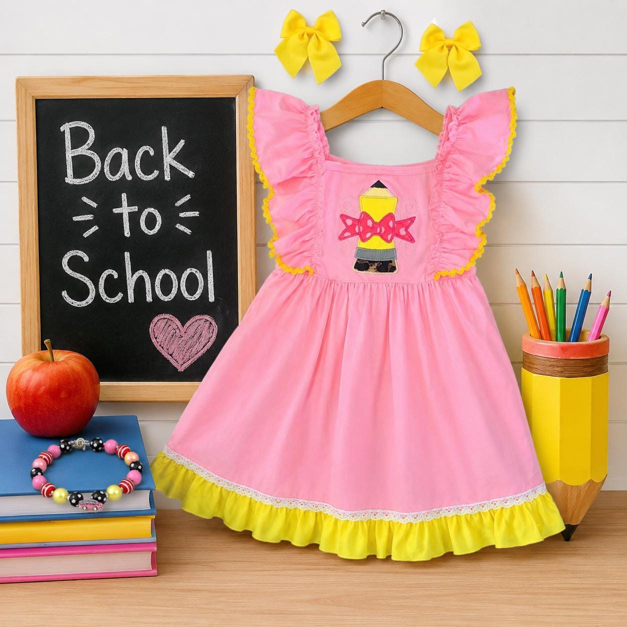 Girls Pink Pencil Dress with Ruffle Sleeves, Back to School Outfit, First Day of School Dress, Preschool Toddler Dress, Sizes 3T–16