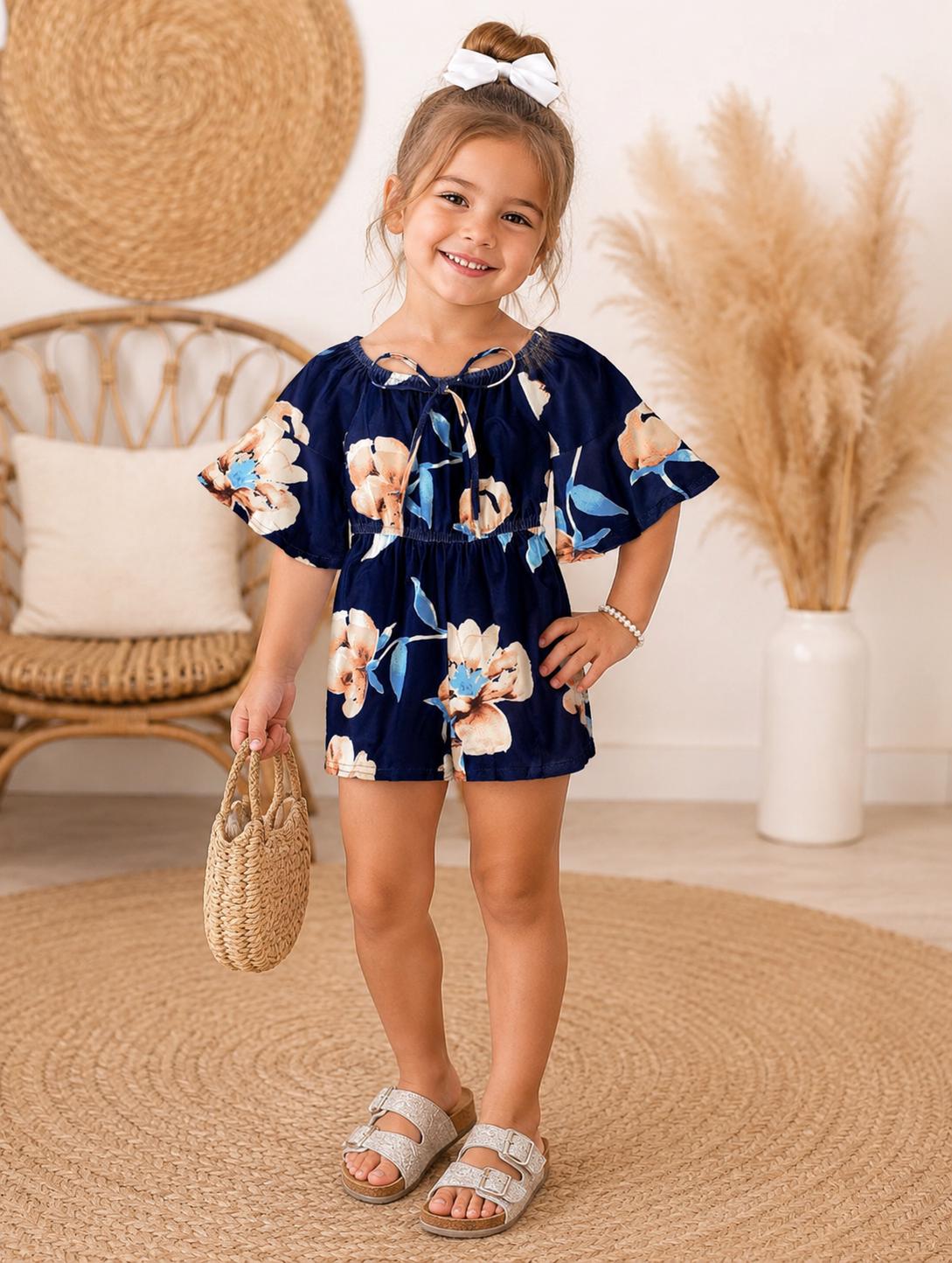 Navy Floral Bell Sleeve Romper for Girls Toddlers And Babies | Boho Floral Playsuit | Cute Summer Outfit