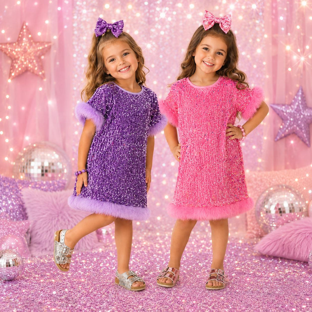 Girls Sequin Dress, Toddler Sparkle Dress, Baby Sequin Dress, Pink Purple Party Dress, Faux Fur Trim Dress, Birthday Outfit