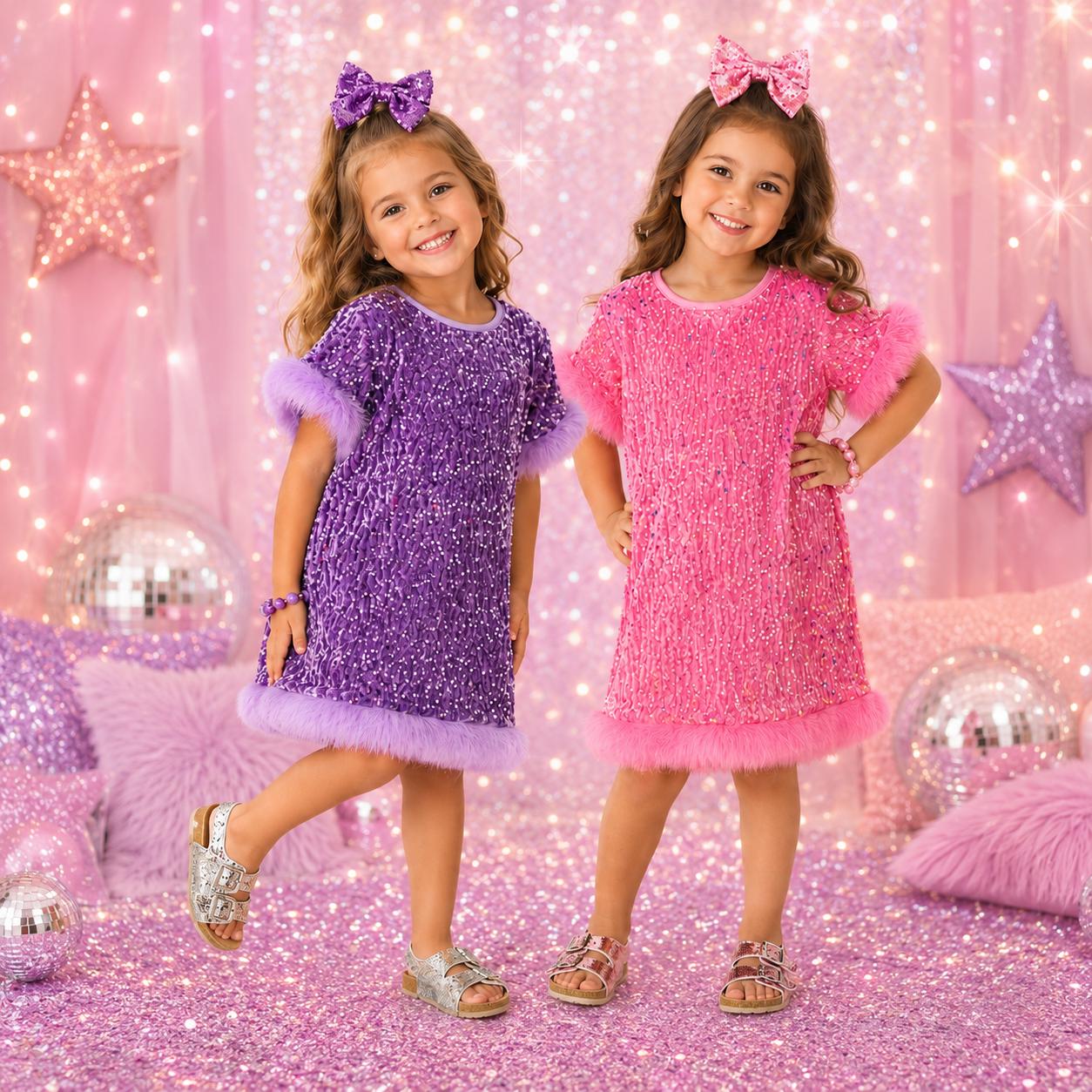 Girls Sequin Dress, Toddler Sparkle Dress, Baby Sequin Dress, Pink Purple Party Dress, Faux Fur Trim Dress, Birthday Outfit