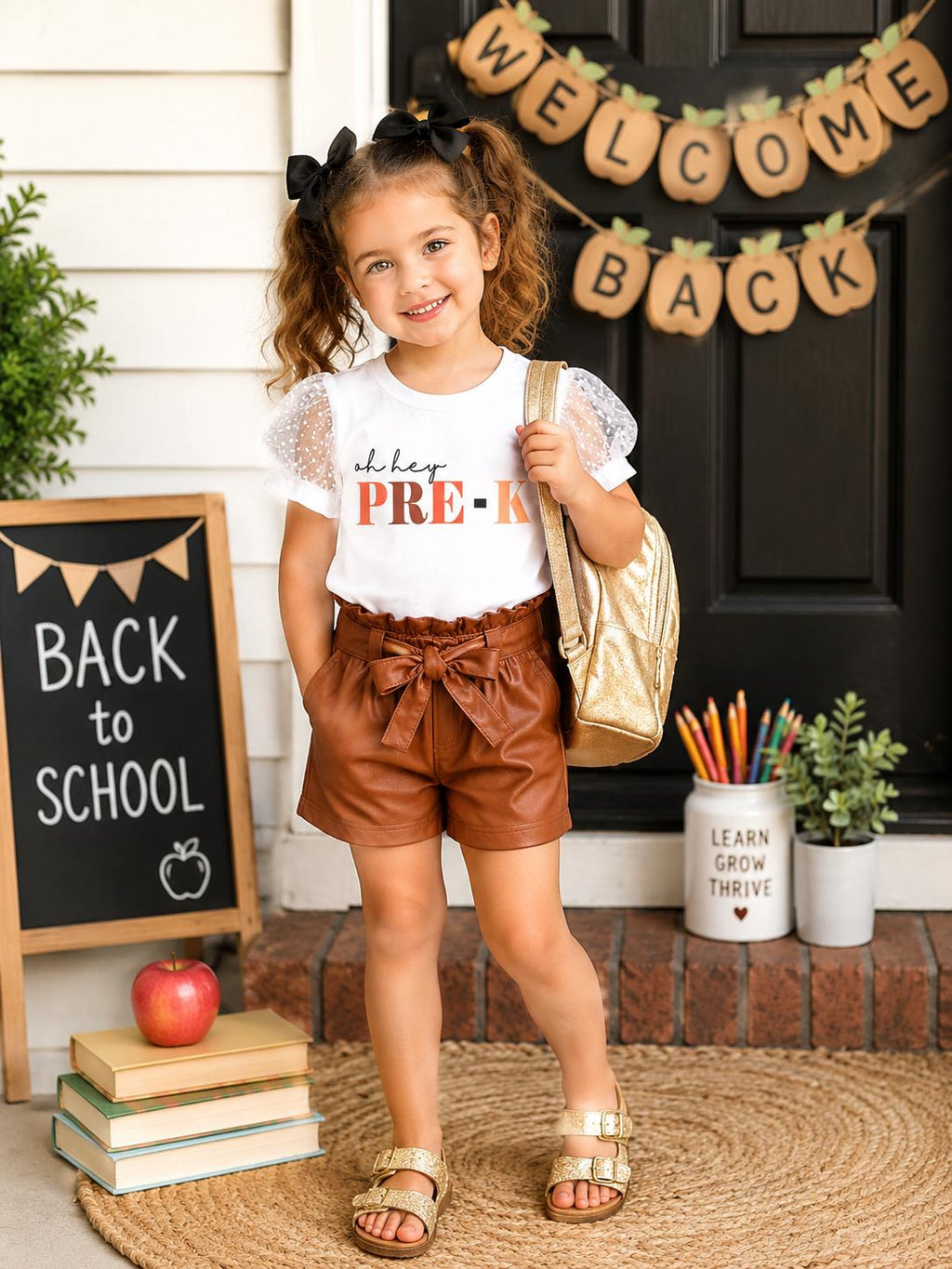 Pre-K to 6th Grade Girls Pleather Short Set | Trendy Faux Leather Outfit for School & Photos