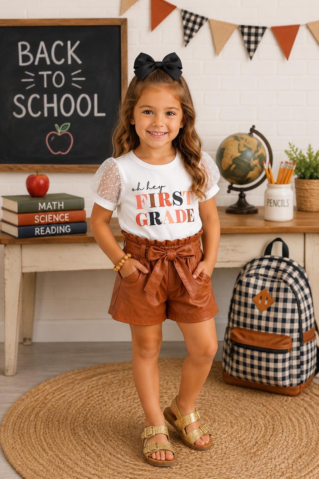 Pre-K to 6th Grade Girls Pleather Short Set | Trendy Faux Leather Outfit for School & Photos