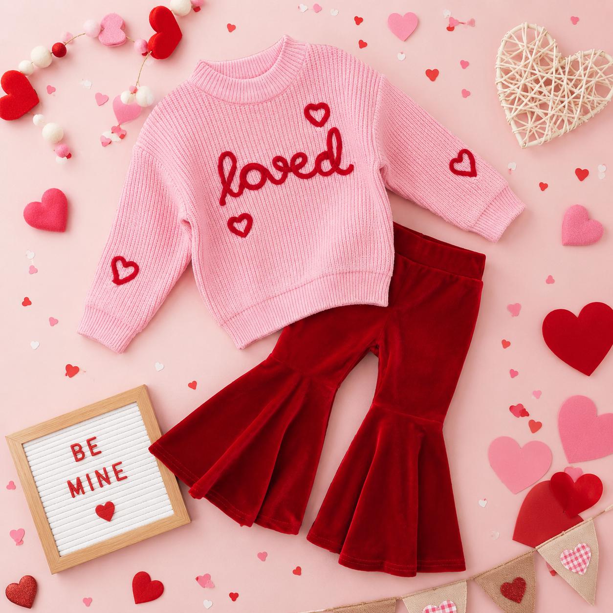 Baby Toddler Girl Valentine's Day Knit Sweater Bell Bottom Set, Heart Outfit, Valentine's Day Clothing, Girls Bell Bottom Outfit