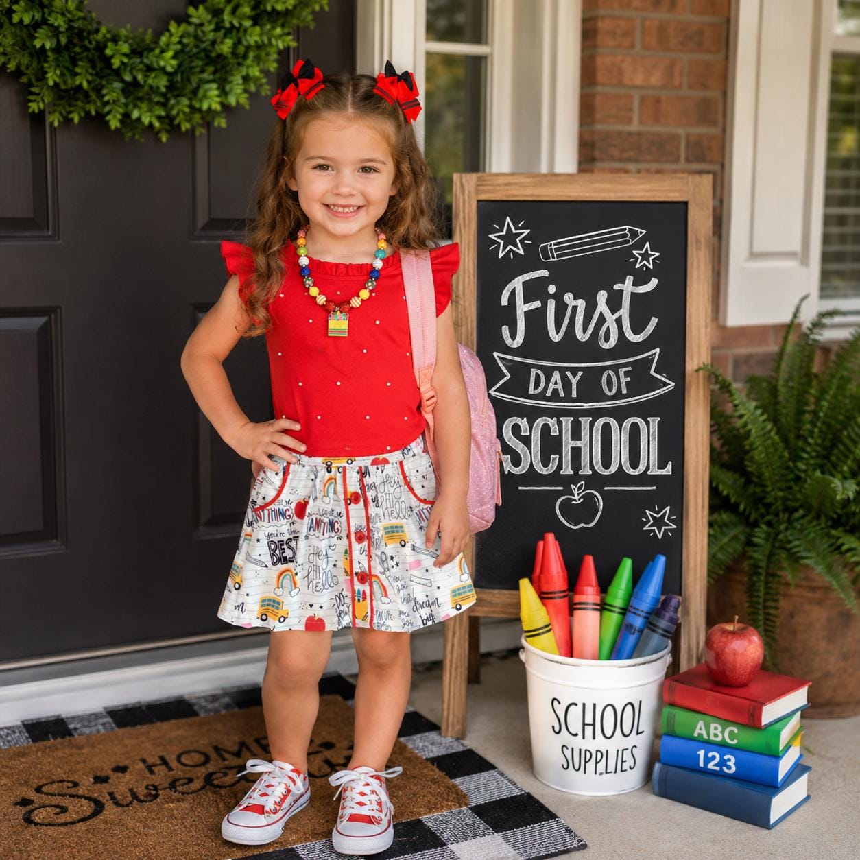 First Day of School Outfit for Girls, Red White Pearl Doodle Skirt Set, Back to School Outfit, Toddler Girl Outfit, Tween School Clothes