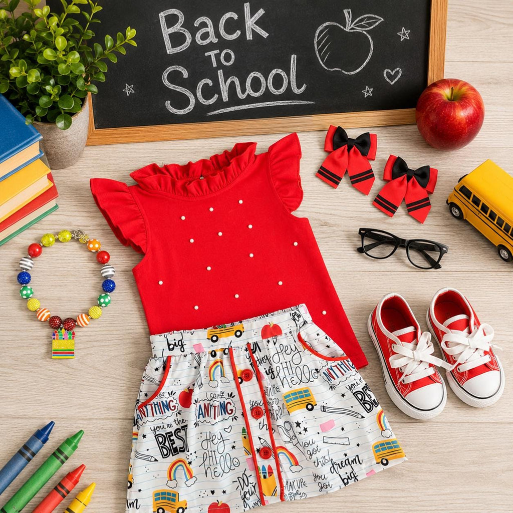 First Day of School Outfit for Girls, Red White Pearl Doodle Skirt Set, Back to School Outfit, Toddler Girl Outfit, Tween School Clothes