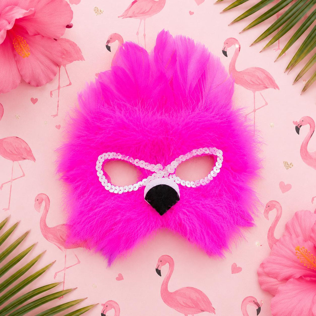 Girls Pink Flamingo Feather Mask | Tropical Bird Costume Mask | Dress Up Party Accessory