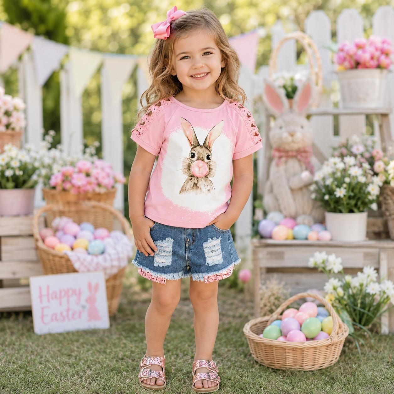 RESTOCKED! Girls Bubblegum Bunny Distressed Denim Short Set | Toddler Easter Outfit | Bunny Shorts Set | Spring Boutique Clothing