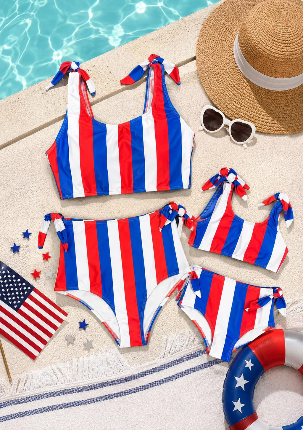 Mommy and Me 4th of July Bikini Set, Red White Blue Striped Swimsuit, USA Stars and Stripes Matching Mom Daughter Swimwear
