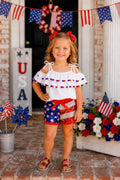 Girls Patriotic Pom Pom Short Set, White Sequin Flag Outfit, Toddler Girl 4th of July Outfit, Memorial Day Clothes