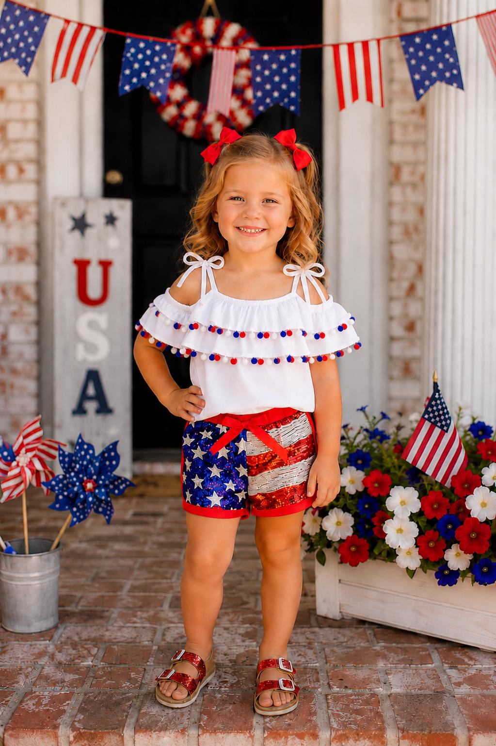 Girls Patriotic Pom Pom Short Set, White Sequin Flag Outfit, Toddler Girl 4th of July Outfit, Memorial Day Clothes