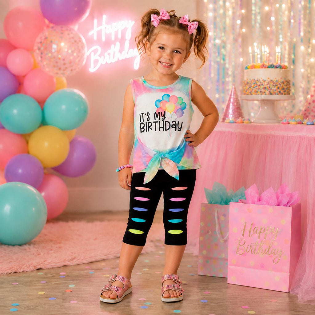 Toddler Girl Birthday Outfit, Pastel Rainbow Capri Set, It's My Birthday Shirt & Pants Set