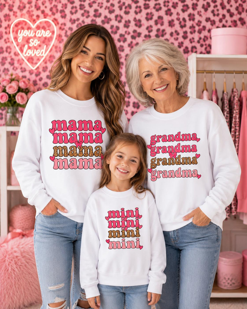 Grandma & Mini Matching Shirts, Mama and Mini Tops, Cheetah Print Family Matching Outfit, Pink Leopard Long Sleeve Shirt