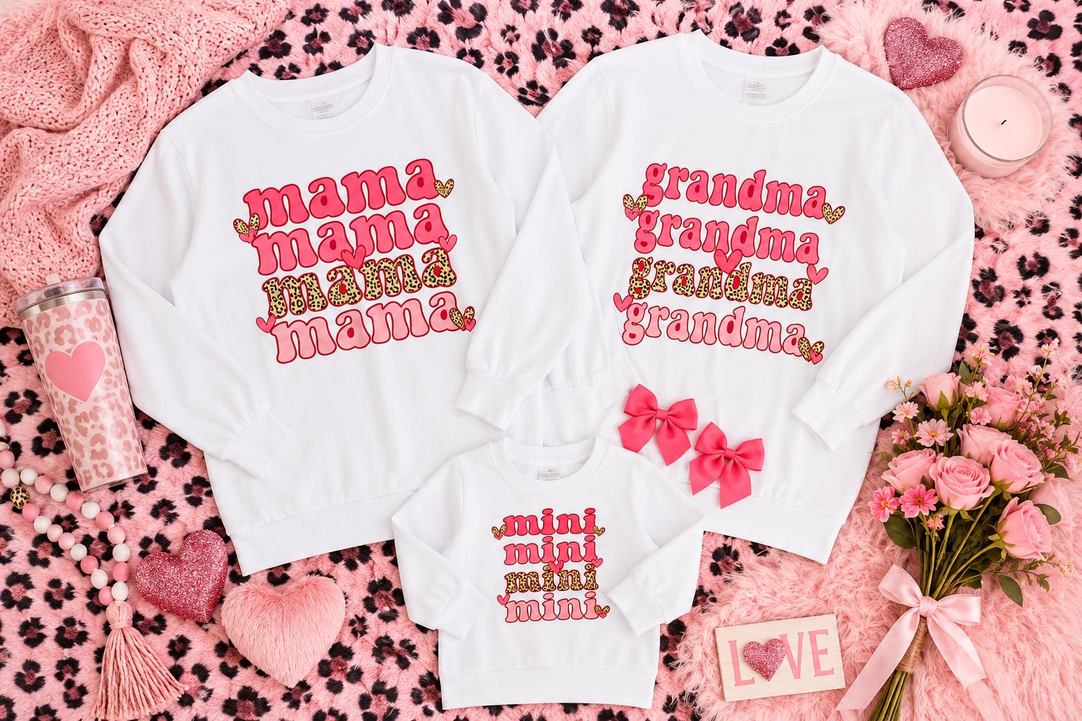 Grandma & Mini Matching Shirts, Mama and Mini Tops, Cheetah Print Family Matching Outfit, Pink Leopard Long Sleeve Shirt