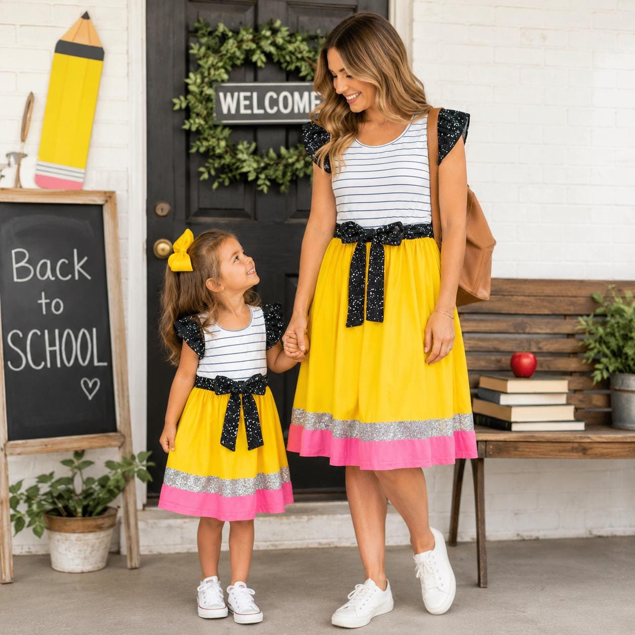 Mom & Me Teacher Dress, Pencil And Notebook Print Matching Dresses, Teacher Mom Daughter Outfit, Back to School Dress, Teacher Gift