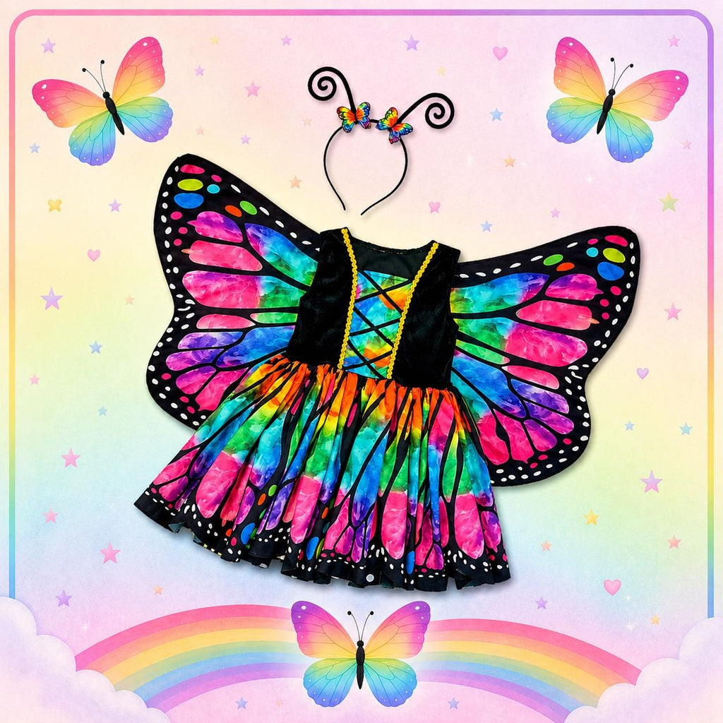 Rainbow Butterfly Costume for Girls & Toddlers, Butterfly Dress Up Set, Dress, Wings and Headband, 3 Piece Halloween Costume, Boutique