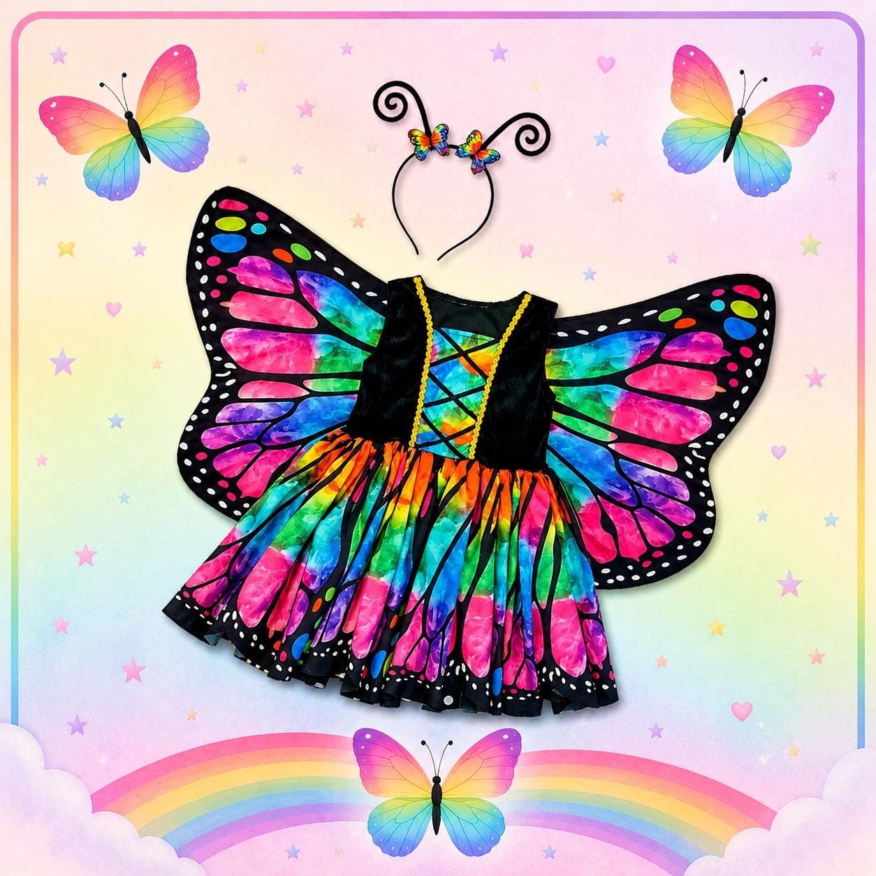 Rainbow Butterfly Costume for Girls & Toddlers, Butterfly Dress Up Set, Dress, Wings and Headband, 3 Piece Halloween Costume, Boutique