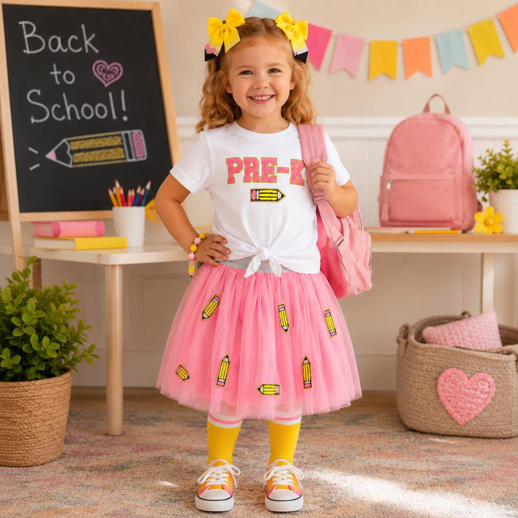 Pink Pencil Tutu Skirt Set, Back to School Outfit, First Day of School Outfit, Pre-K to 6th Grade School Girl Outfit