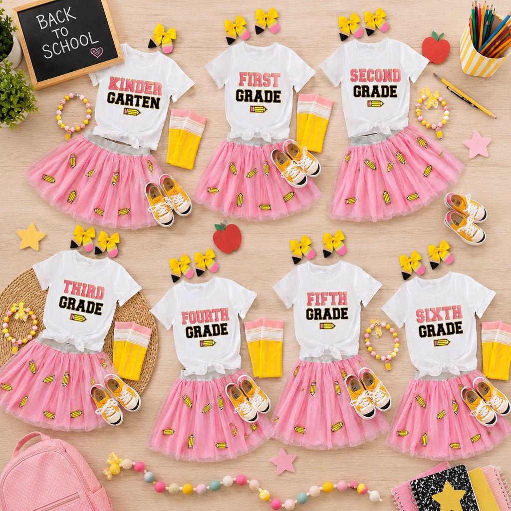 Pink Pencil Tutu Skirt Set, Back to School Outfit, First Day of School Outfit, Pre-K to 6th Grade School Girl Outfit