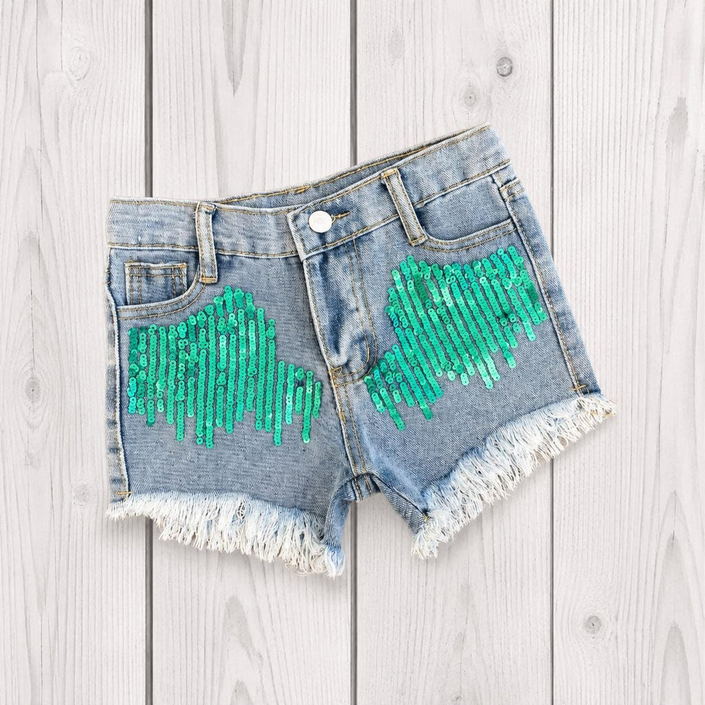 Girls Mint Sequin Denim Shorts, Toddler & Girls Jean Shorts, Adjustable Waist Denim Shorts, Boutique Summer Clothing, Sizes 2T-16