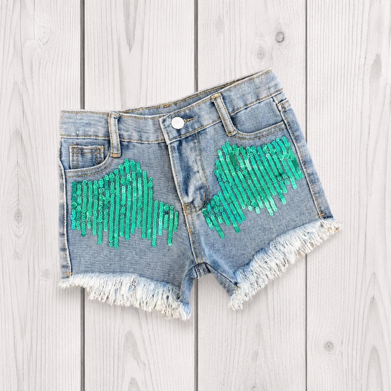 Girls Mint Sequin Denim Shorts, Toddler & Girls Jean Shorts, Adjustable Waist Denim Shorts, Boutique Summer Clothing, Sizes 2T-16
