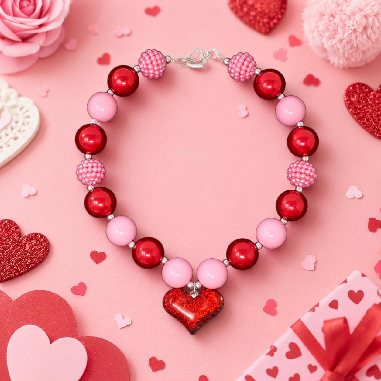 Girls Pink & Red Glitter Heart Bubblegum Necklace | Toddler Valentine's Necklace