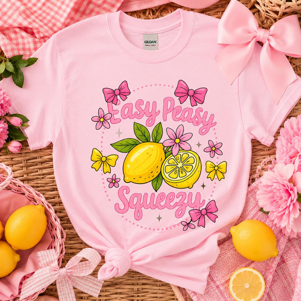 Easy Peasy Squeezy Lemon Shirt for Girls, Coquette Bow Lemon Tee, Cute Summer Citrus Graphic Tee, Toddler Youth Pink Shirt