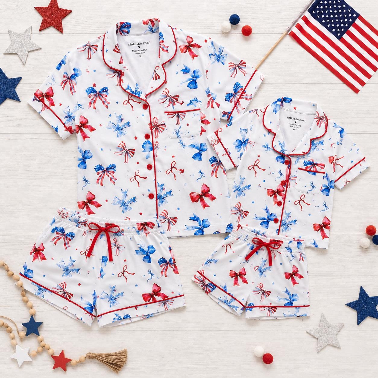 Mom & Me Patriotic Bow Pajamas | Matching Mother Daughter Waffle Knit Pajama Set | Fourth of July Sleepwear