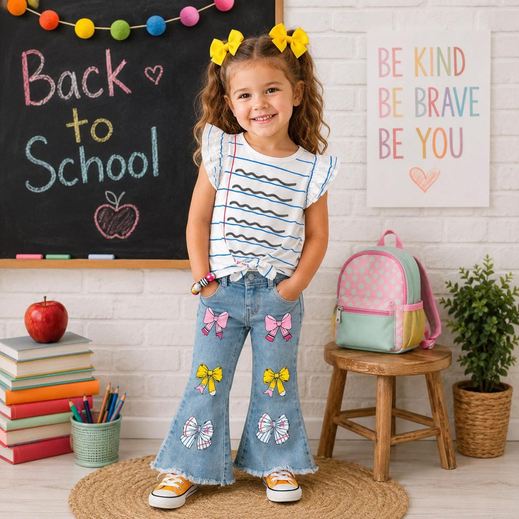 Back to School Girls Flare Denim Pant Set, Notebook Bow Outfit, First Day of School Outfit, Toddler Girl Clothes, Preschool Kindergarten