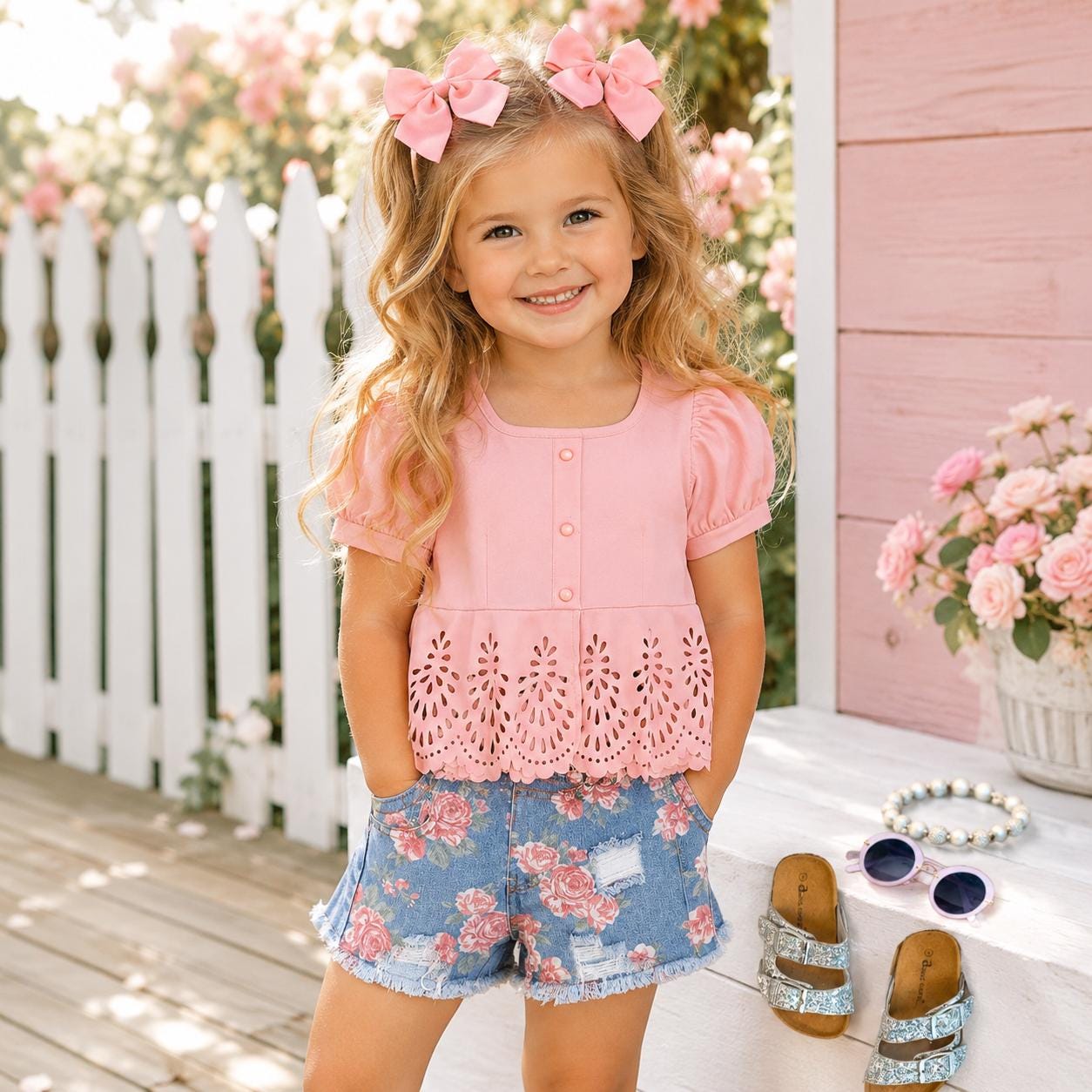 Girls/Toddler/Baby Pink Painted Rose Denim Short Set