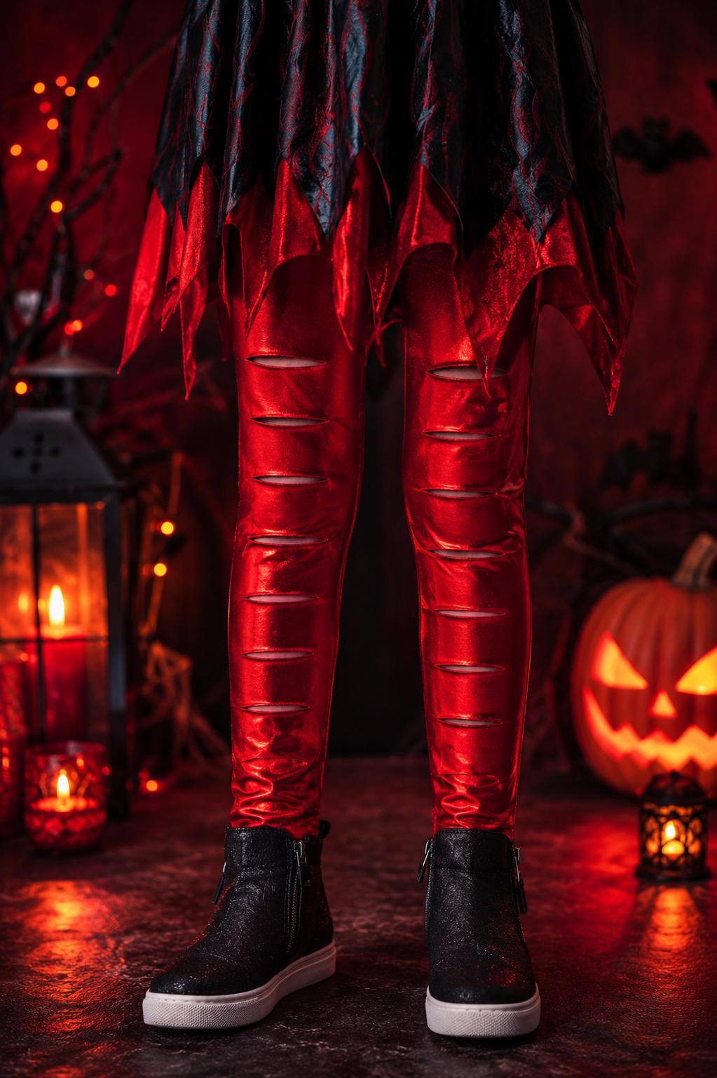 Devil Red Metallic Distressed Leggings for Girls, Halloween Costume Leggings, Red Shiny Cutout Leggings, Devil Costume Accessory