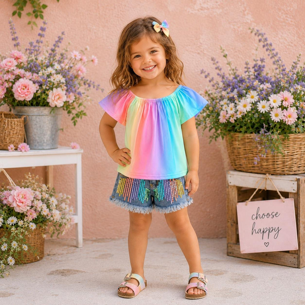 Pastel Rainbow Girls Outfit | Sequin Denim Short Set | Toddler Summer Clothes | Baby Girl Boutique Outfit | Rainbow Clothing Set