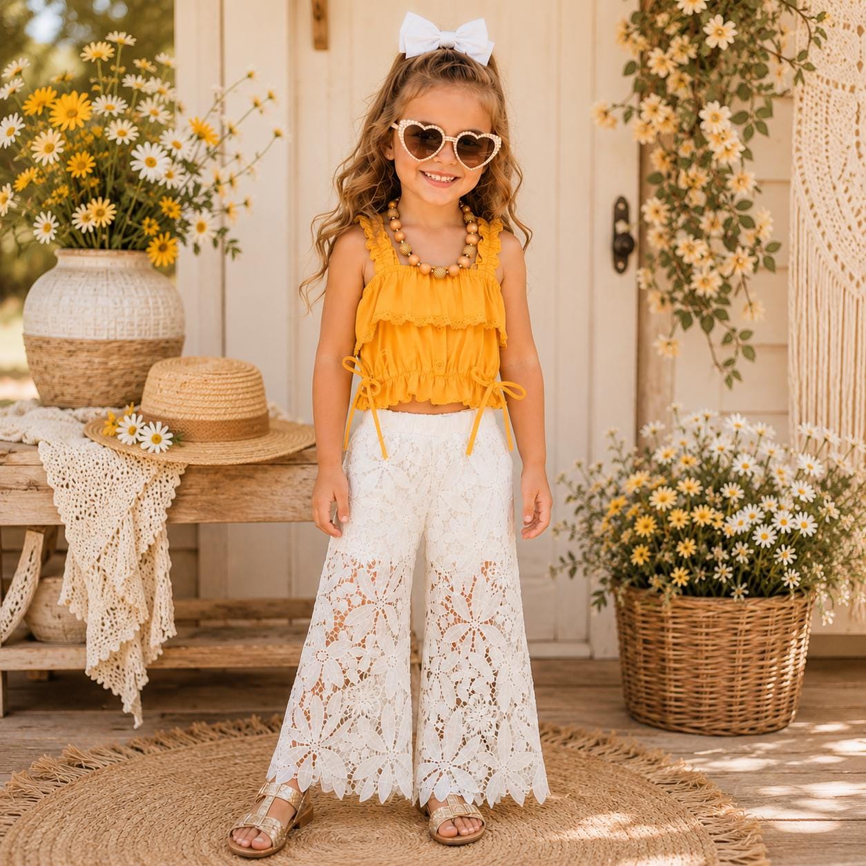 Girls Mustard Floral Outfit, Toddler Floral Pant Set, Baby Girl Boho Outfit, Mustard Lace Pants Set, Boutique Clothing