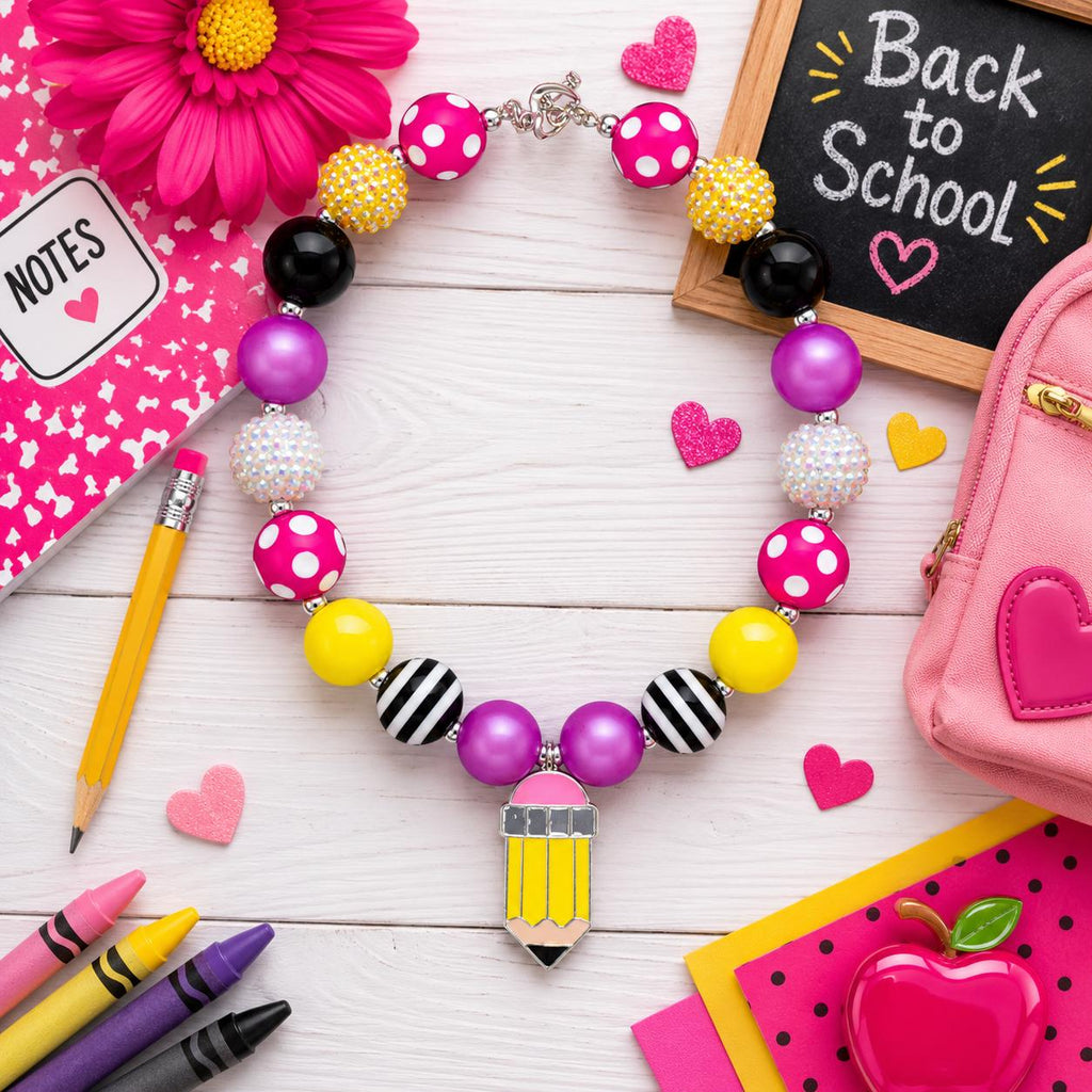 Black & Pink Pencil Bubblegum Necklace, Back to School Necklace, First Day of School, Preschool, Pre-K, Kindergarten, Gift, School
