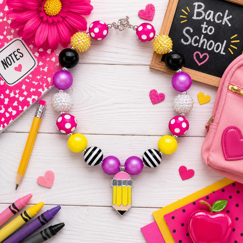 Black & Pink Pencil Bubblegum Necklace, Back to School Necklace, First Day of School, Preschool, Pre-K, Kindergarten, Gift, School