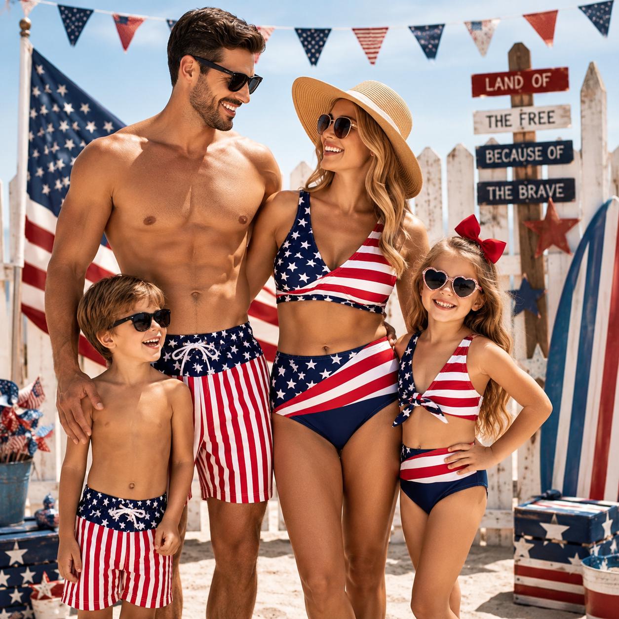 Abstract American Flag Family Swimsuits, Matching Family Swimwear, Patriotic Red White Blue Swimsuits, 4th of July Beach Outfits
