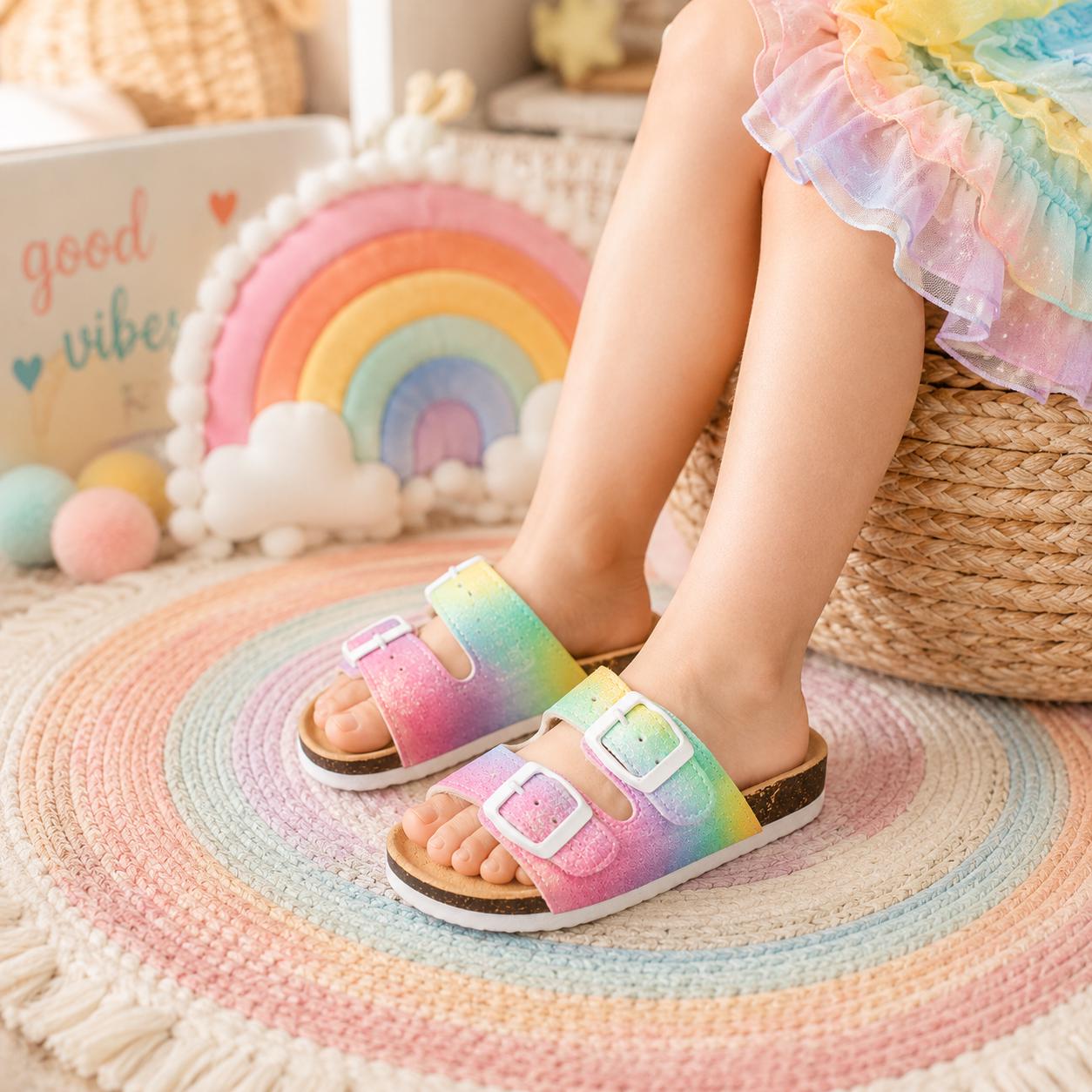 Girls Rainbow Sandals, Toddler Rainbow Sandals, Pastel Summer Shoes, Kids Boutique Sandals, Toddler Beach Shoes, Girls Vacation Sandals