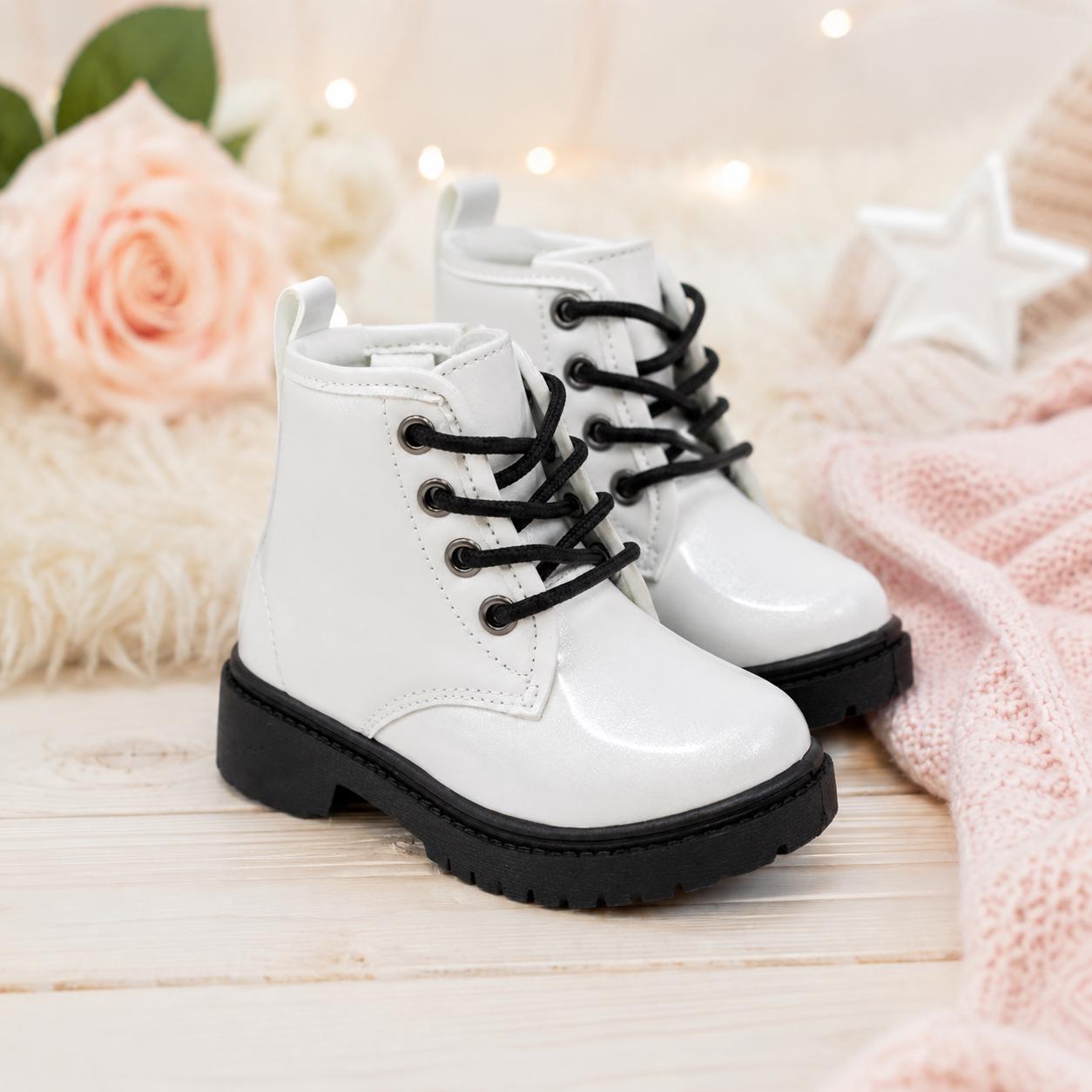 Girls White Glitter Combat Boots | Toddler Lace-Up Boots | Sparkly Fashion Boots for Girls | Fall & Winter Shoes