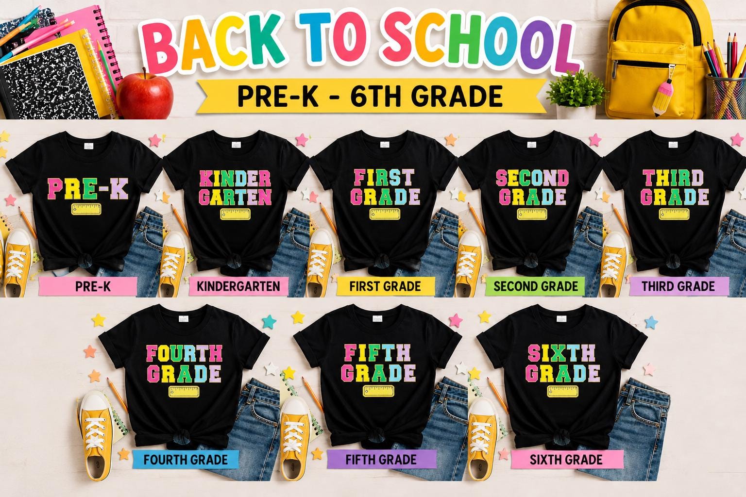 Pre-K–6th Grade Rainbow Chenille Patch Shirt, First Day of School Top, Back to School Outfit, Preschool Kindergarten Tee