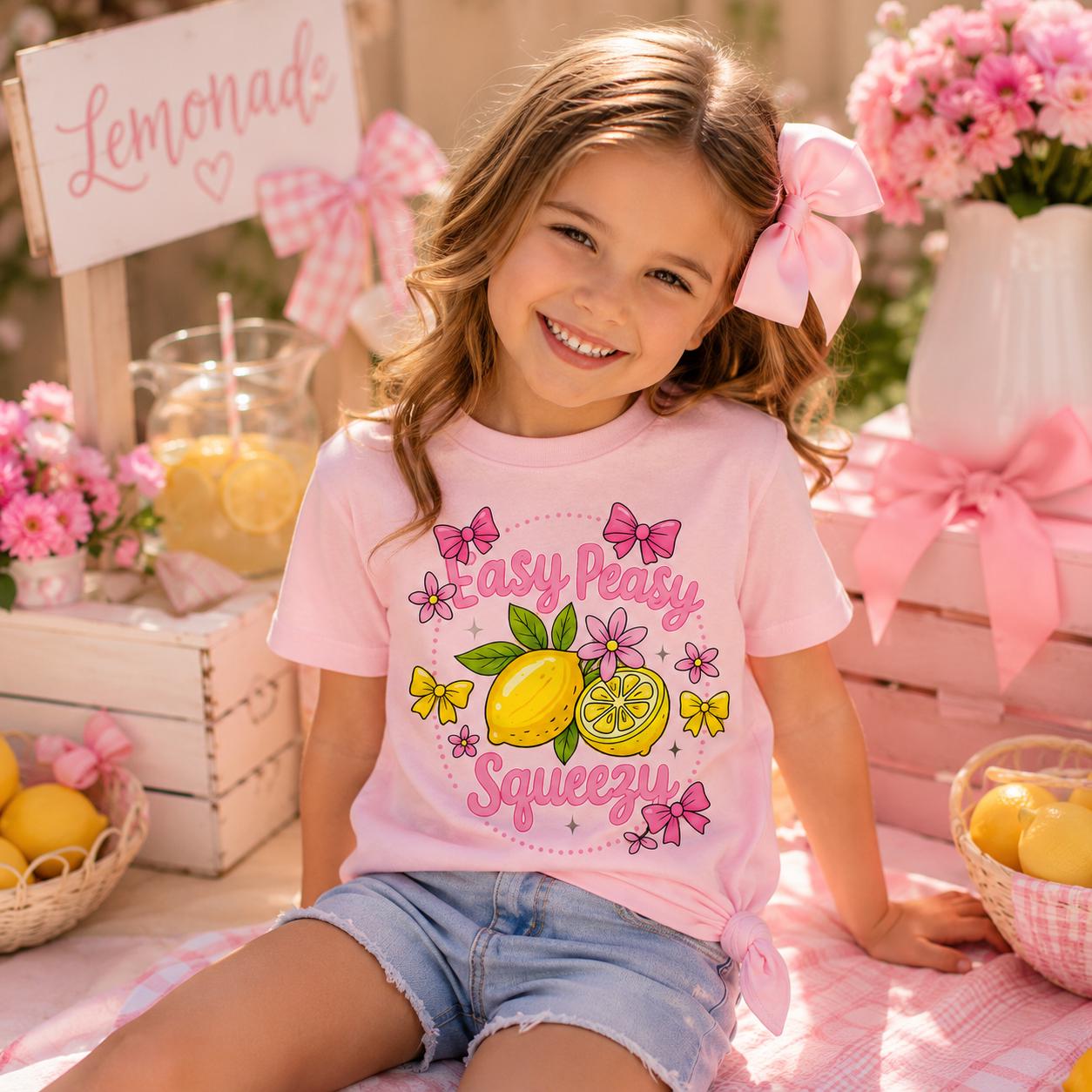 Easy Peasy Squeezy Lemon Shirt for Girls, Coquette Bow Lemon Tee, Cute Summer Citrus Graphic Tee, Toddler Youth Pink Shirt