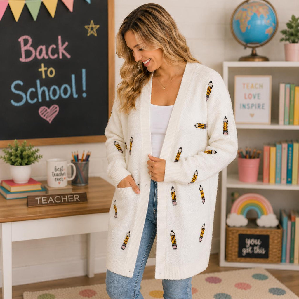 Mom & Me White Pencil Cardigan | Teacher Cardigan | First Day of School Outfit | Back to School Matching Cardigan | Toddler, Girls And Tween